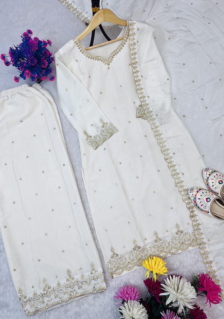 Multicolor Embroidered Chinon Silk Salwar Kameez