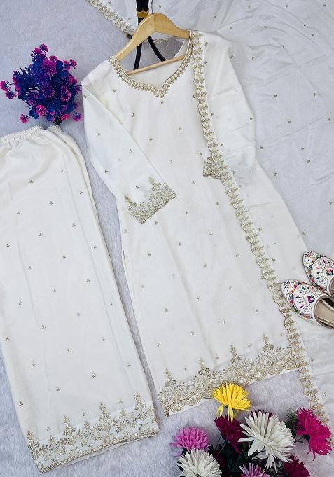 Multicolor Embroidered Chinon Silk Salwar Kameez