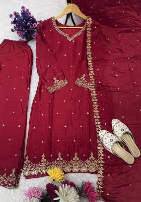 Multicolor Embroidered Chinon Silk Salwar Kameez