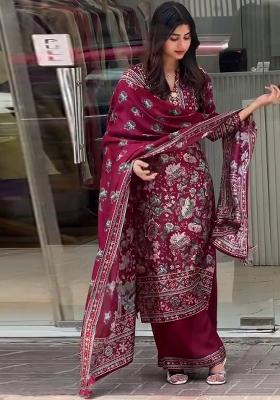 Multicolor Embroidered Blended Salwar Kameez