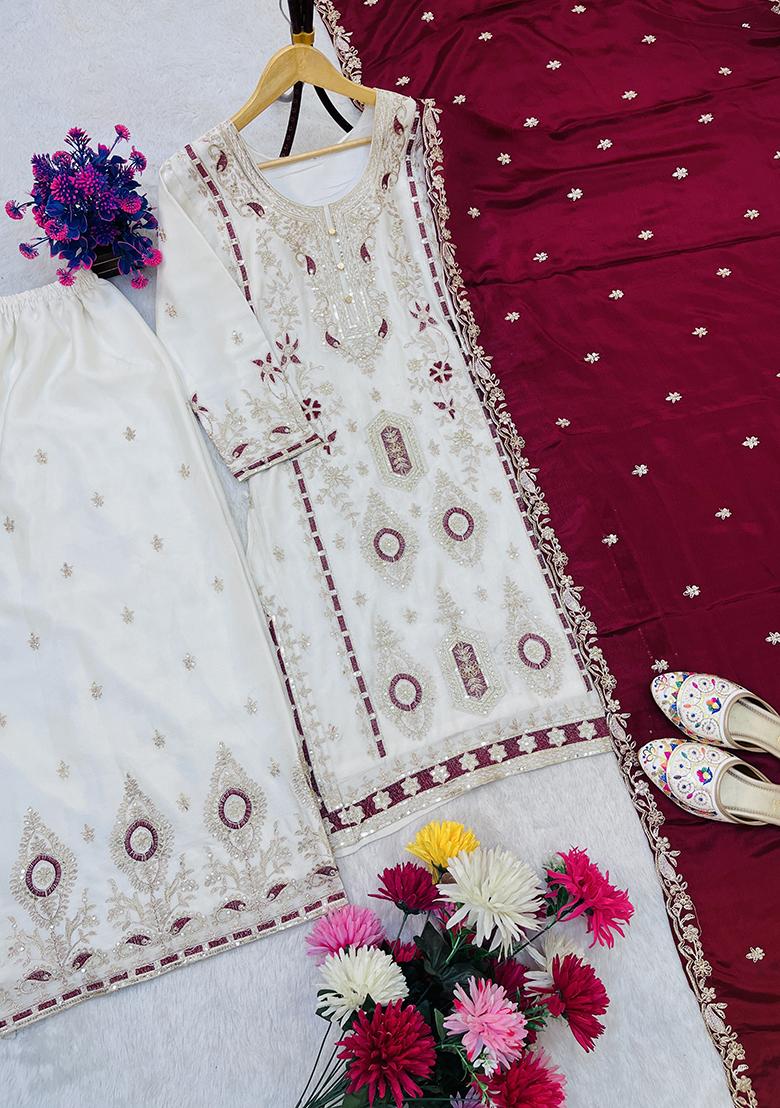 Multicolor Embroidered Silk Salwar Kameez - Indya