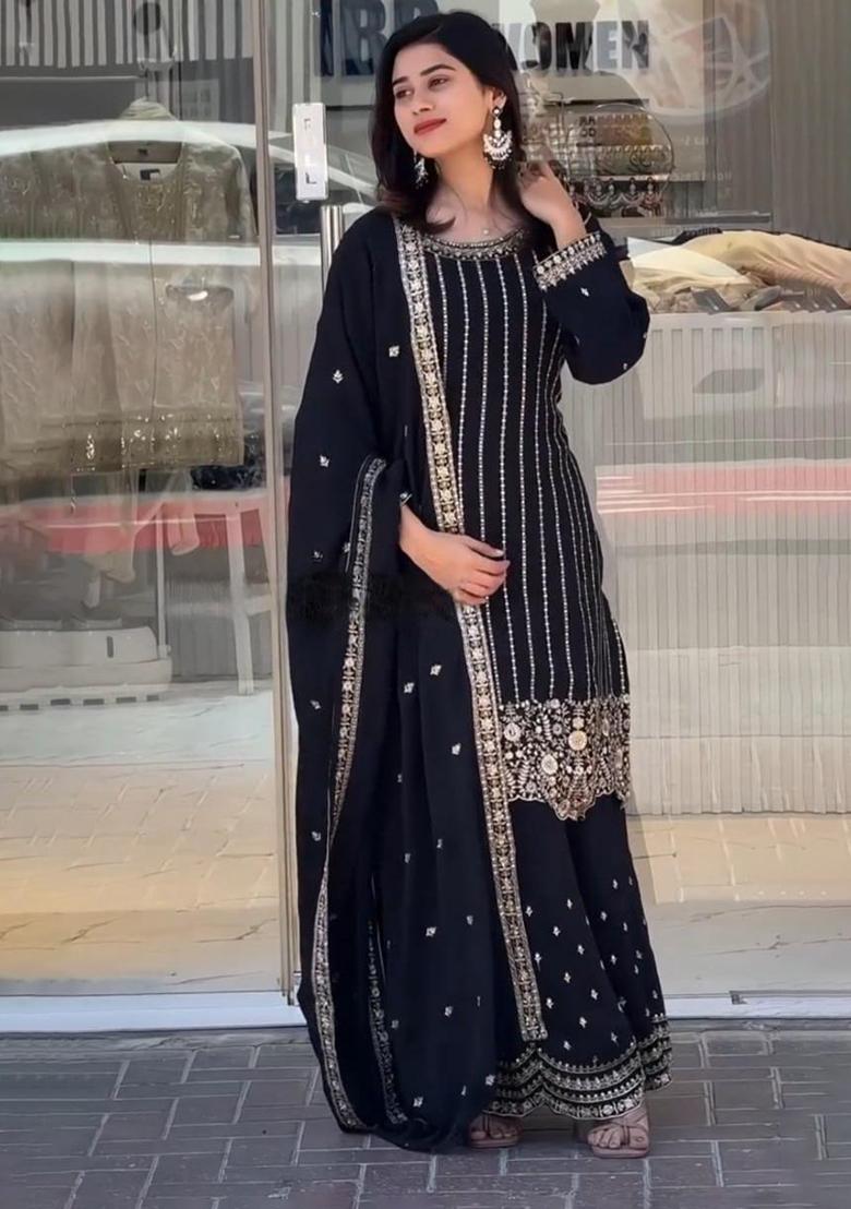 Multicolor Embroidered Faux Georgette Salwar Kameez - Indya