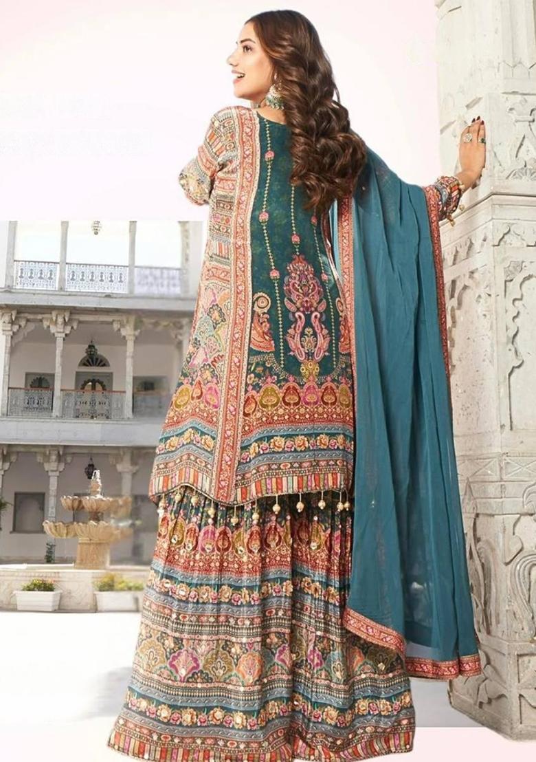 Multicolor Embroidered Faux Georgette Salwar Kameez - Indya