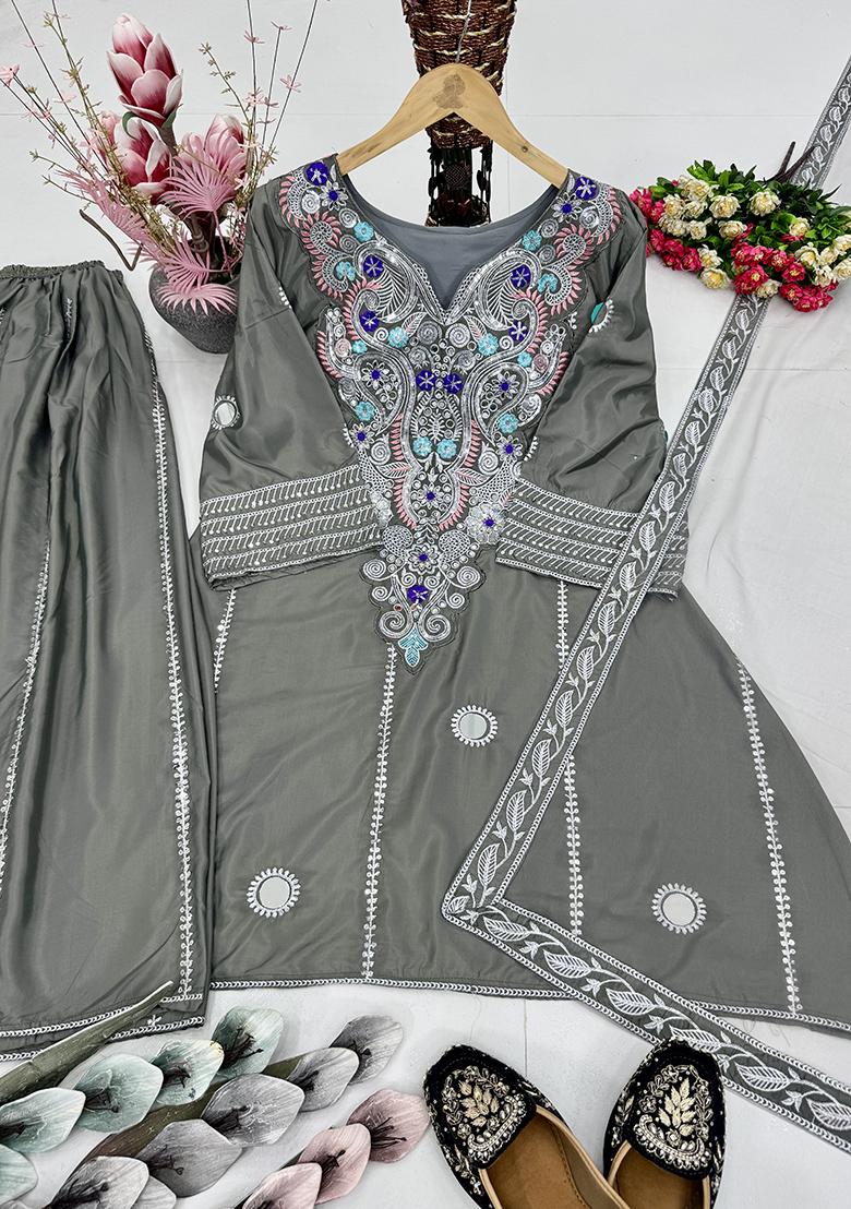 Multicolor Embroidered Crepe Salwar Kameez - Indya