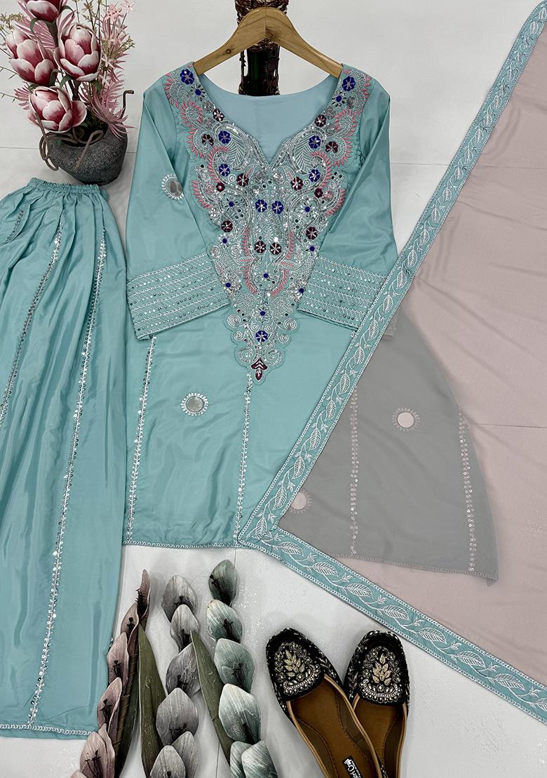 Multicolor Embroidered Crepe Salwar Kameez - Indya