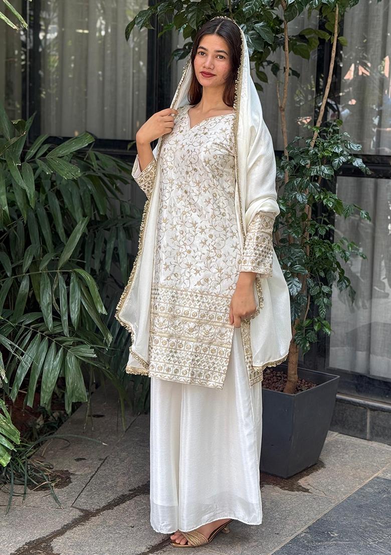 Multicolor Embroidered Chinon Silk Salwar Kameez