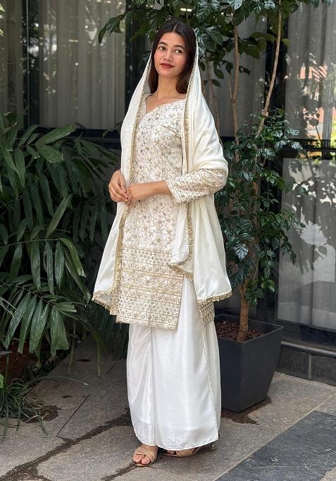 Multicolor Embroidered Chinon Silk Salwar Kameez