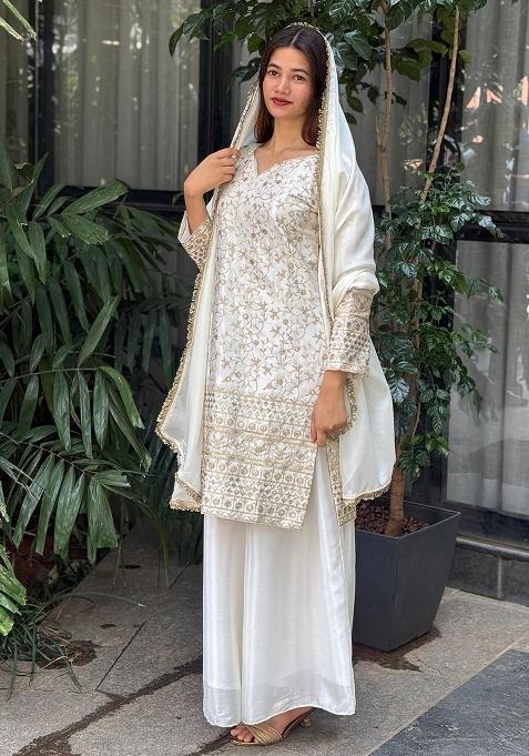 Multicolor Embroidered Chinon Silk Salwar Kameez