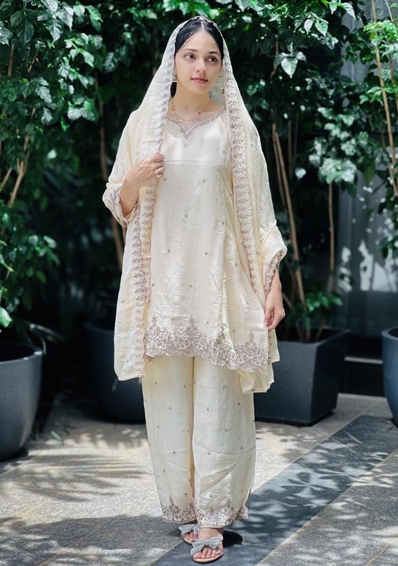 Multicolor Embroidered Chinon Silk Salwar Kameez - Indya