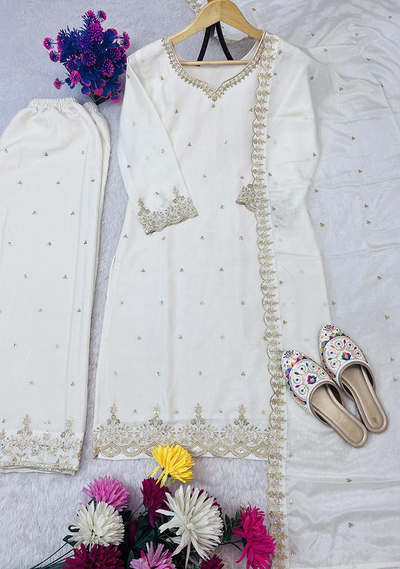 Multicolor Embroidered Chinon Silk Salwar Kameez - Indya