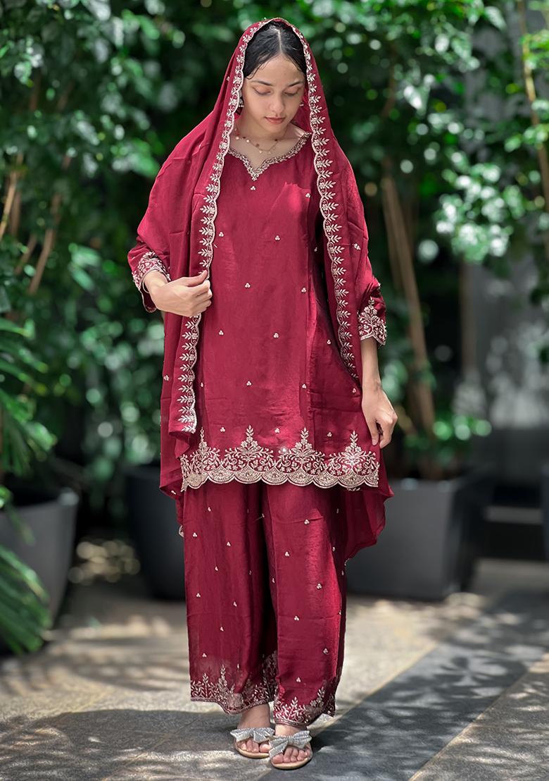 Multicolor Embroidered Chinon Silk Salwar Kameez