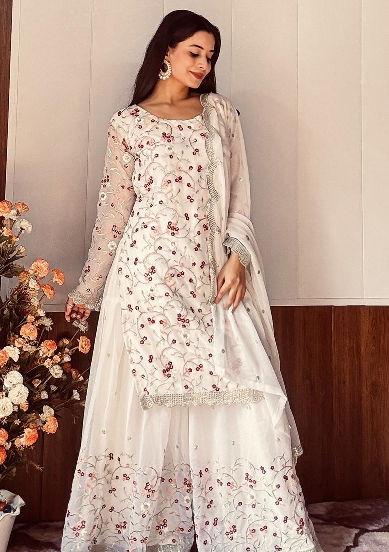 Multicolor Embroidered Georgette Sharara Set - Indya