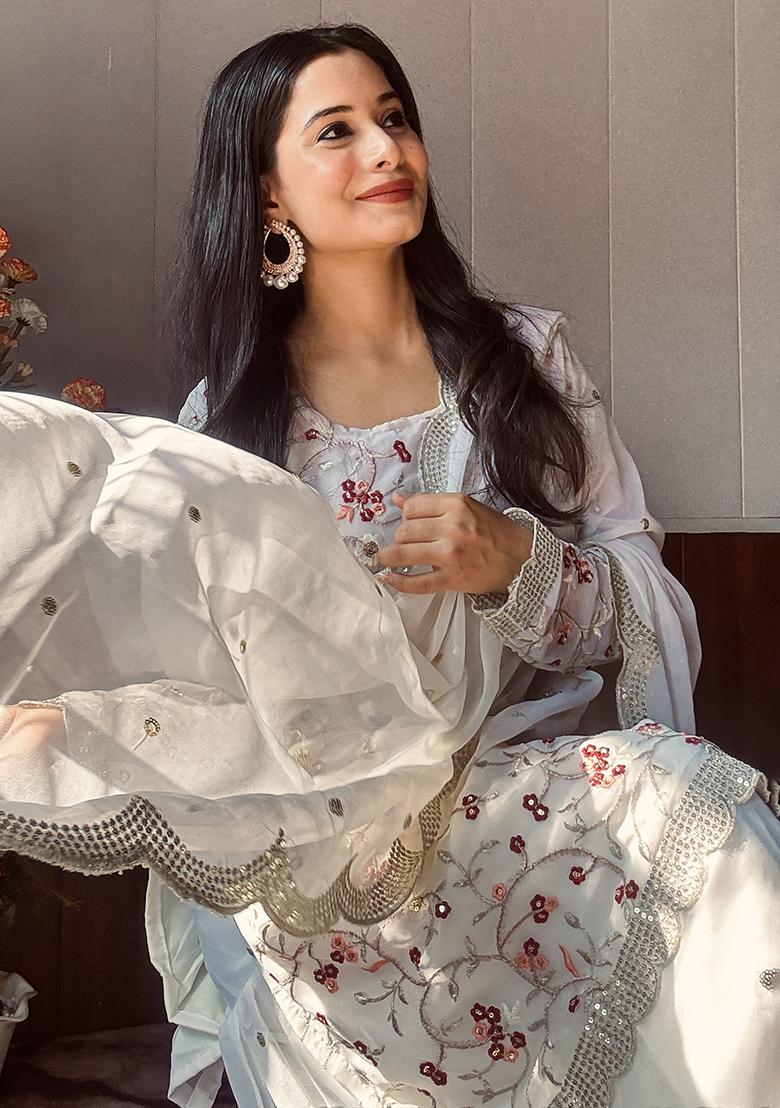 Multicolor Embroidered Georgette Sharara Set - Indya