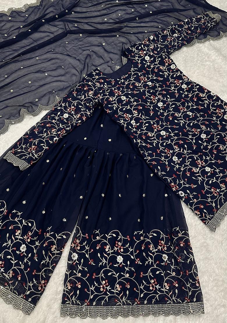 Multicolor Embroidered Georgette Sharara Set - Indya