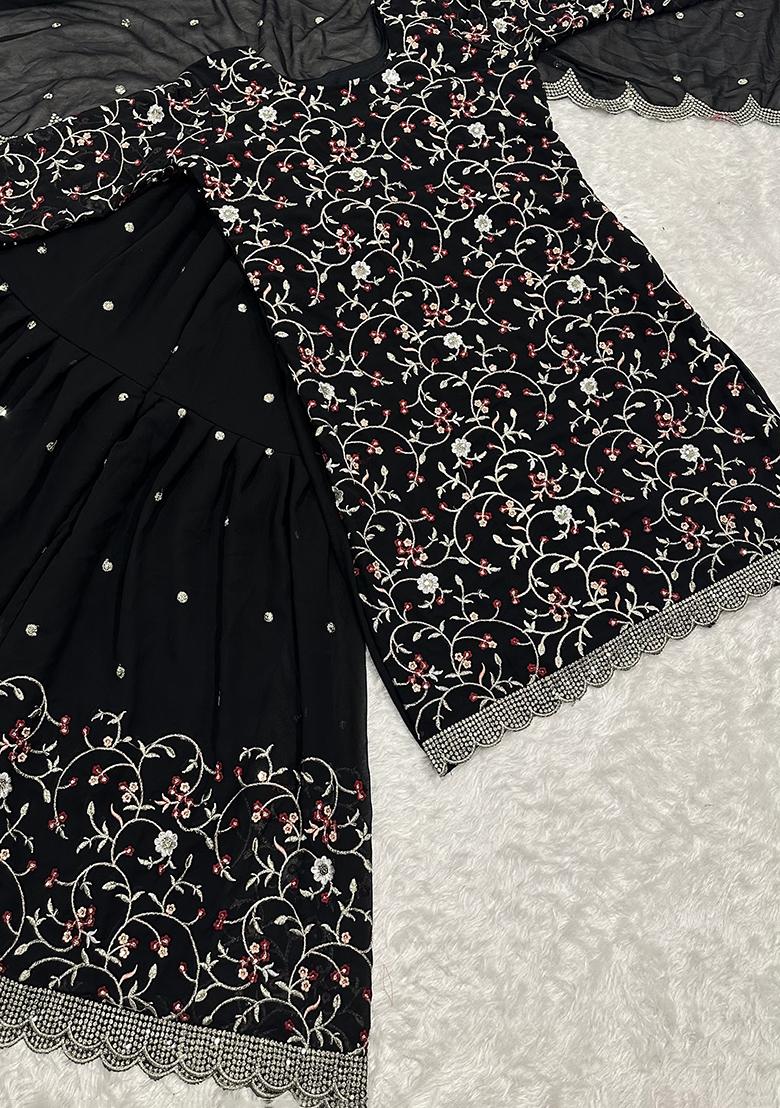 Multicolor Embroidered Georgette Sharara Set - Indya