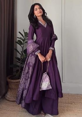 Purple Embroidered Silk Kurta Sets