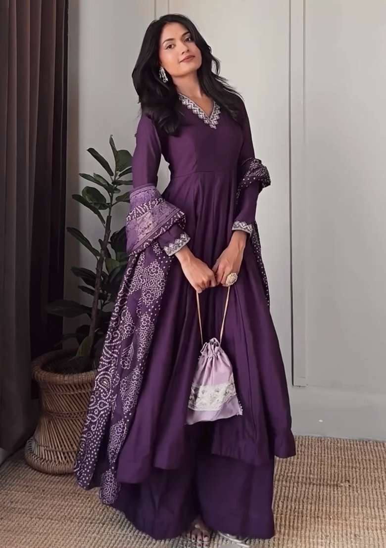 Purple Embroidered Silk Kurta Sets - Indya