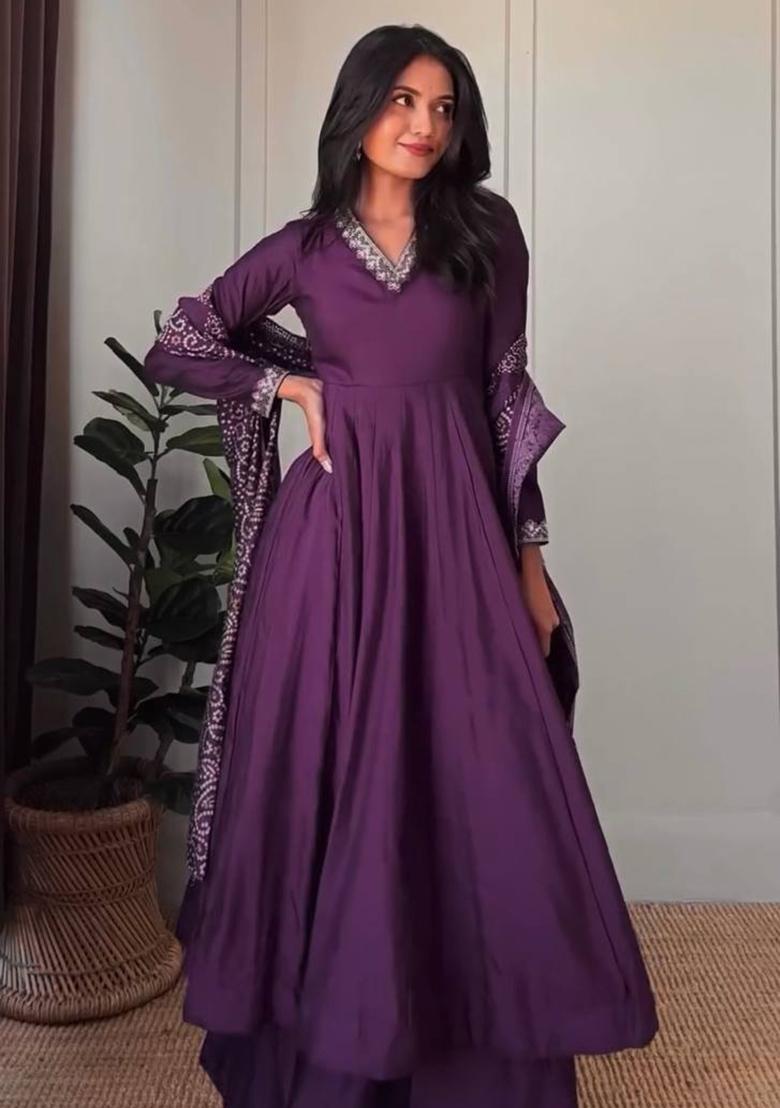 Purple Embroidered Silk Kurta Sets - Indya