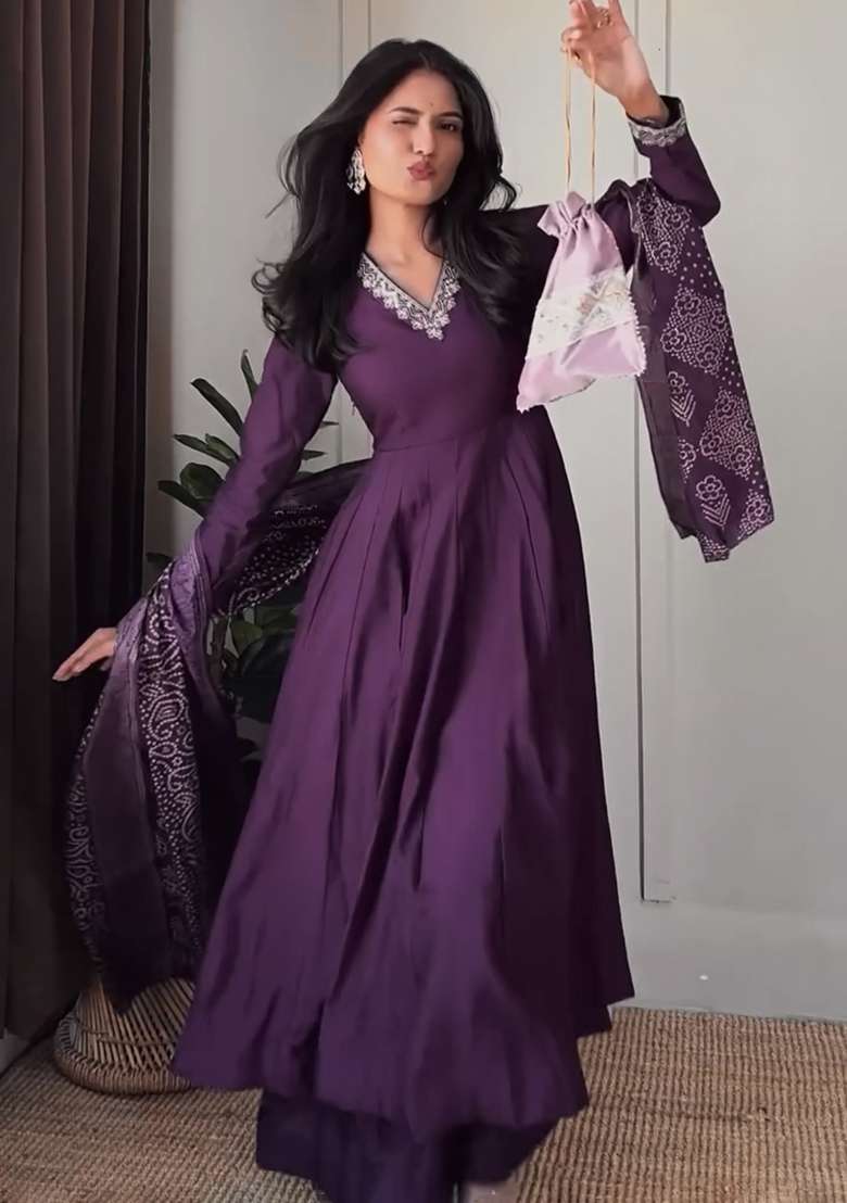Purple Embroidered Silk Kurta Sets - Indya