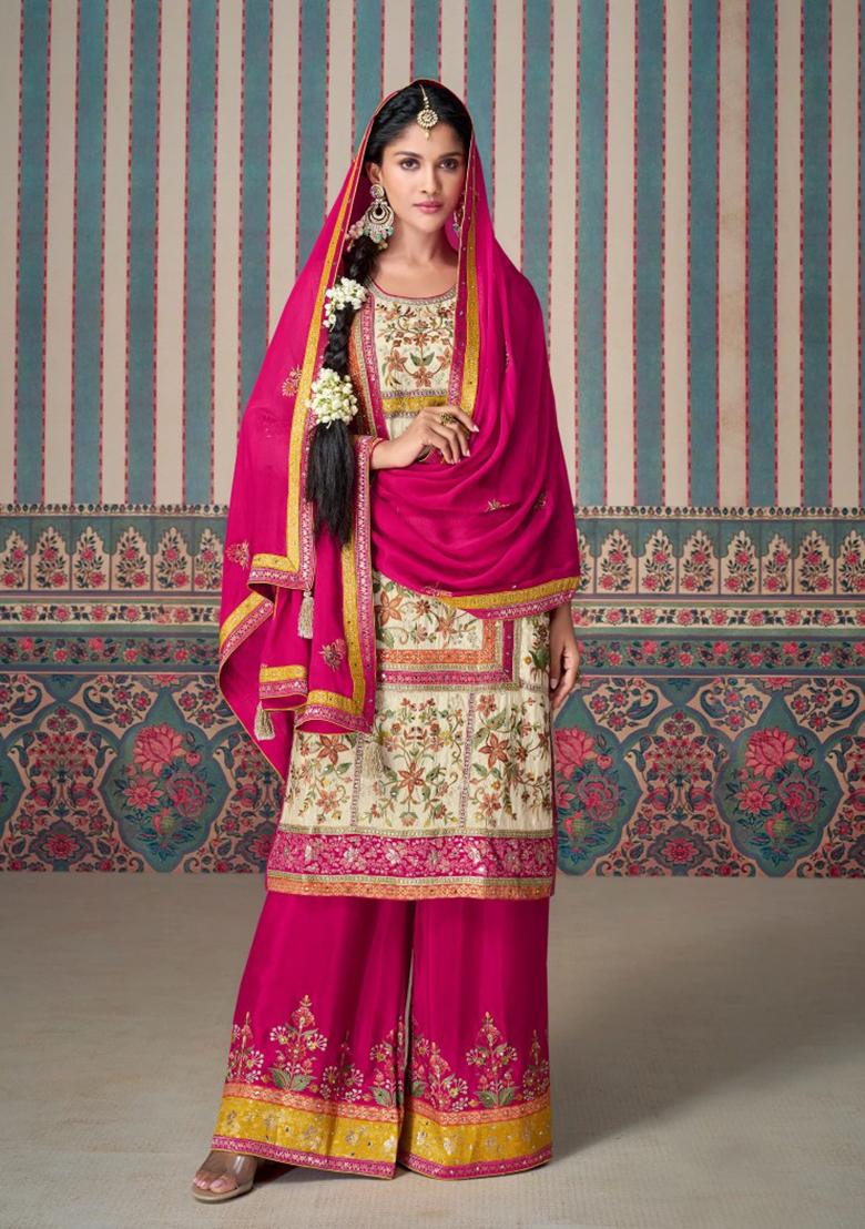 Multicolor Embroidered Silk Plazzo Set - Indya