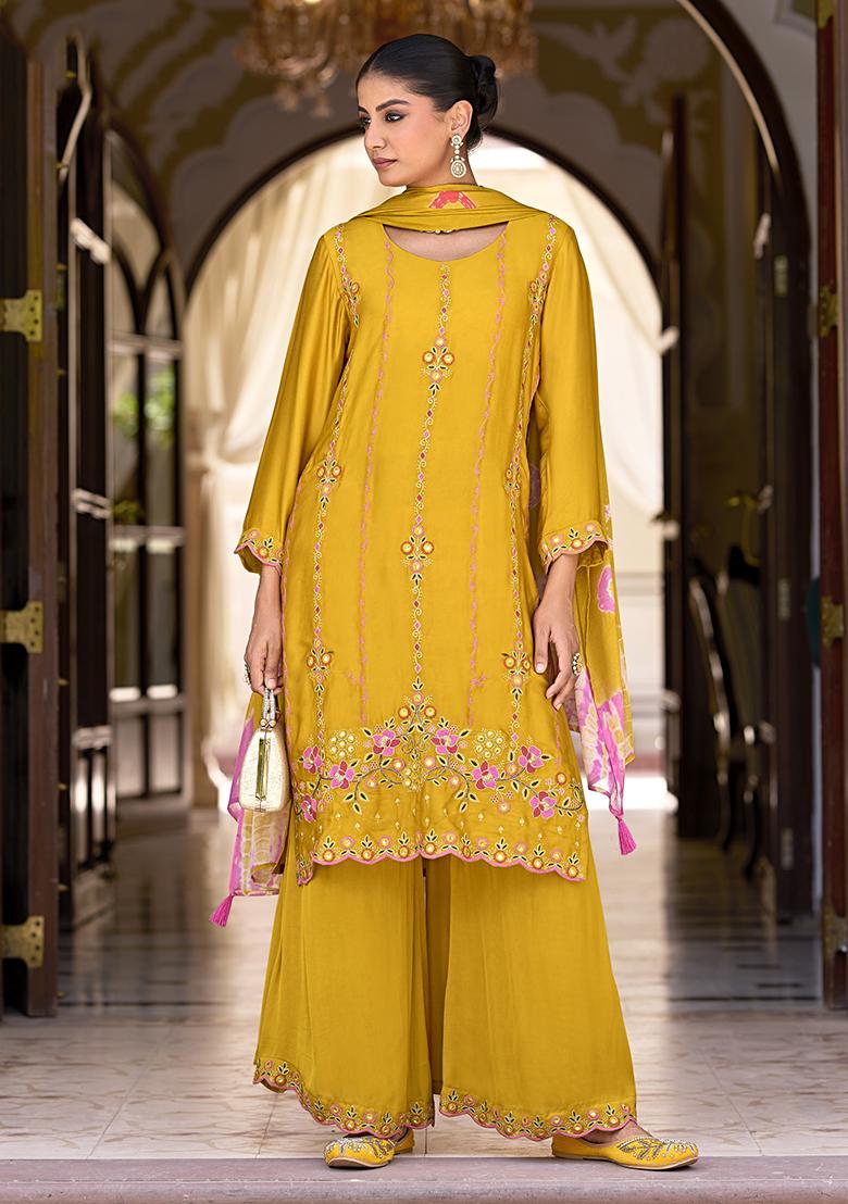 Yellow Embroidered Pure Satin Plazzo Set
