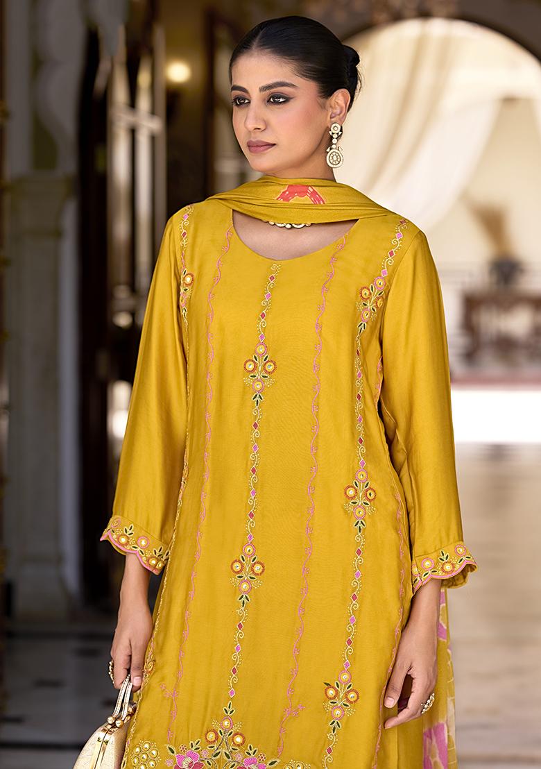 Yellow Embroidered Pure Satin Plazzo Set