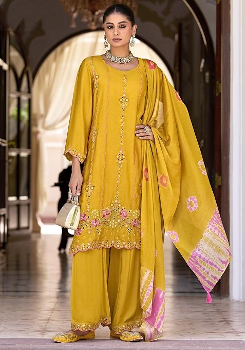 Yellow Embroidered Pure Satin Plazzo Set