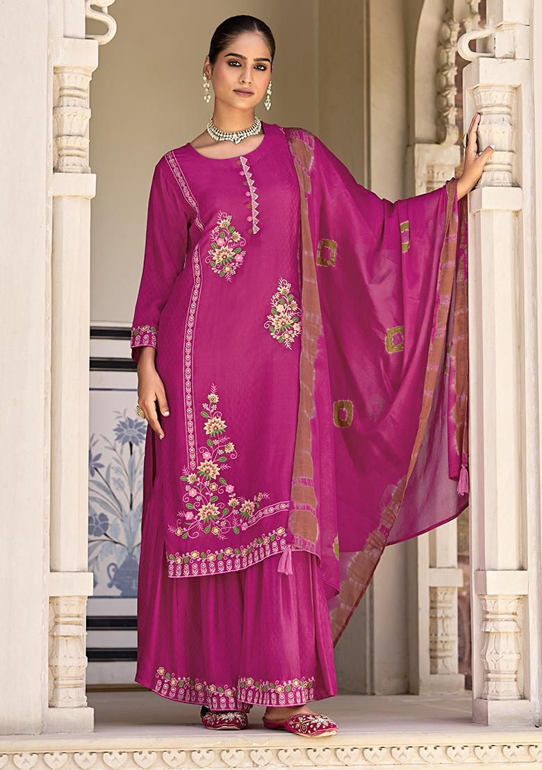 Pink Embroidered Pure Jacquard Plazzo Set - Indya