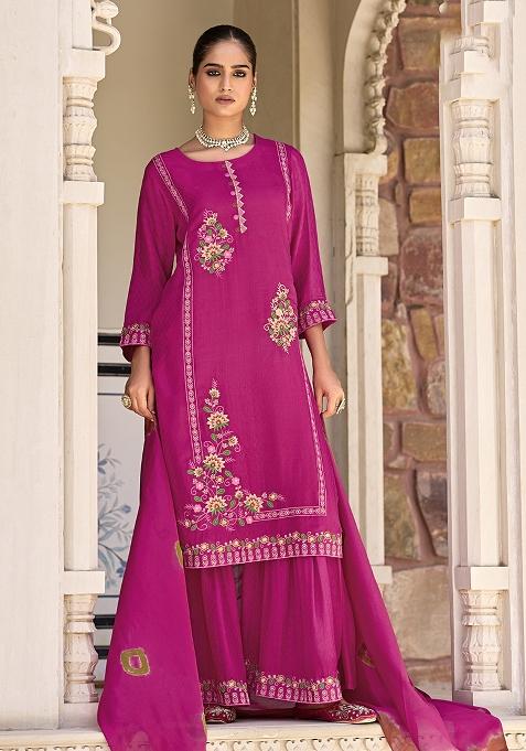 Pink Embroidered Pure Jacquard Plazzo Set