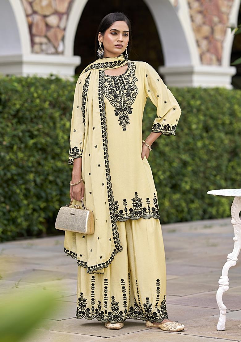 Chiku Embroidered Silk Sharara Set - Indya