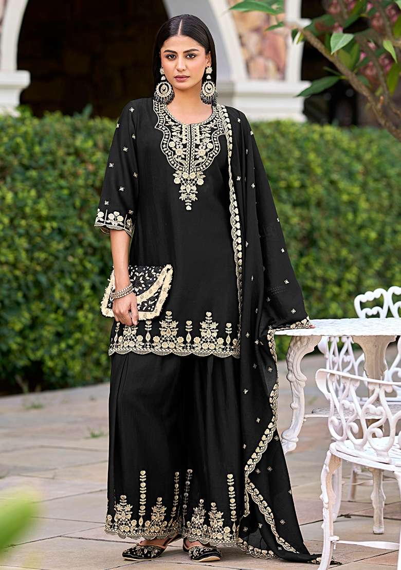 Black Embroidered Silk Sharara Set - Indya