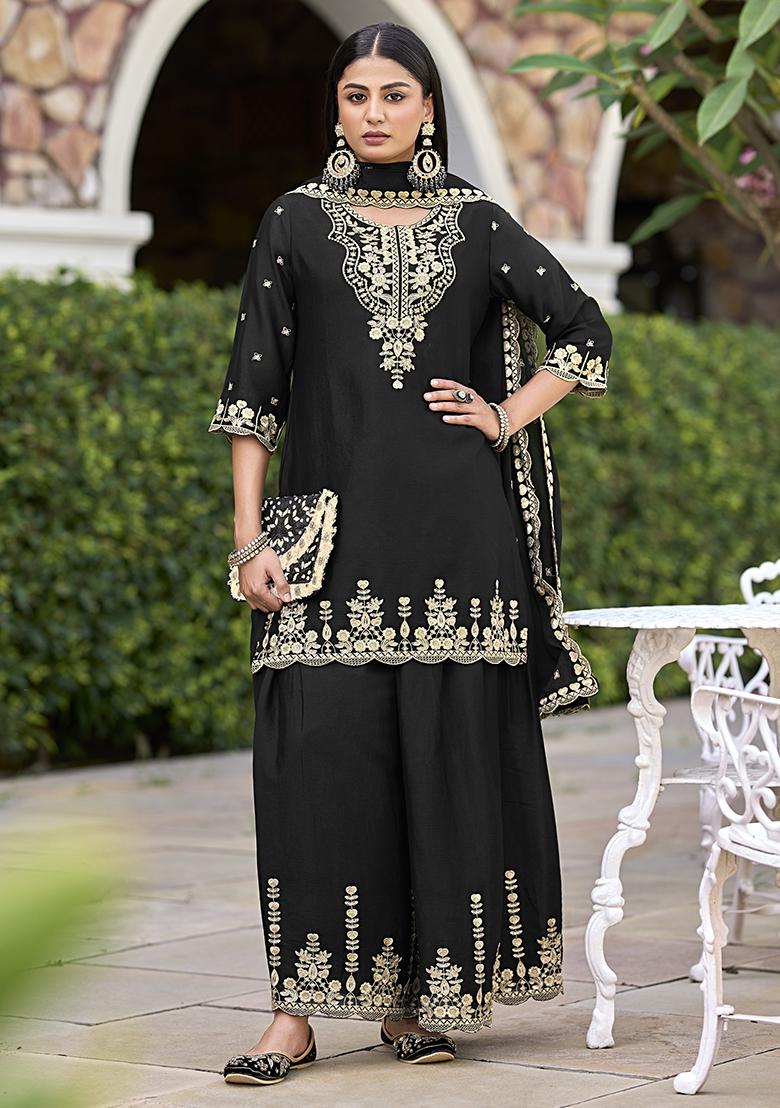 Black Embroidered Silk Sharara Set - Indya