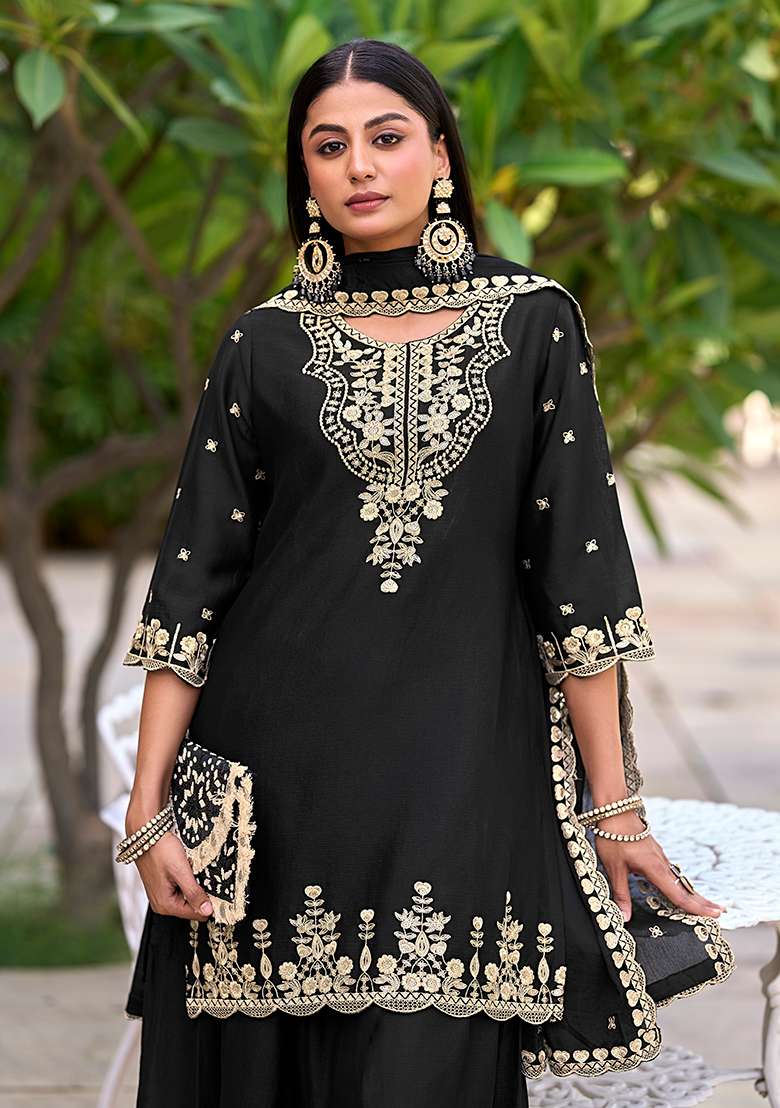 Black Embroidered Silk Sharara Set - Indya
