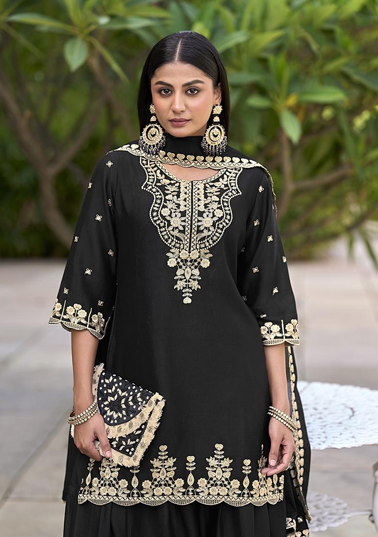 Black Embroidered Silk Sharara Set - Indya