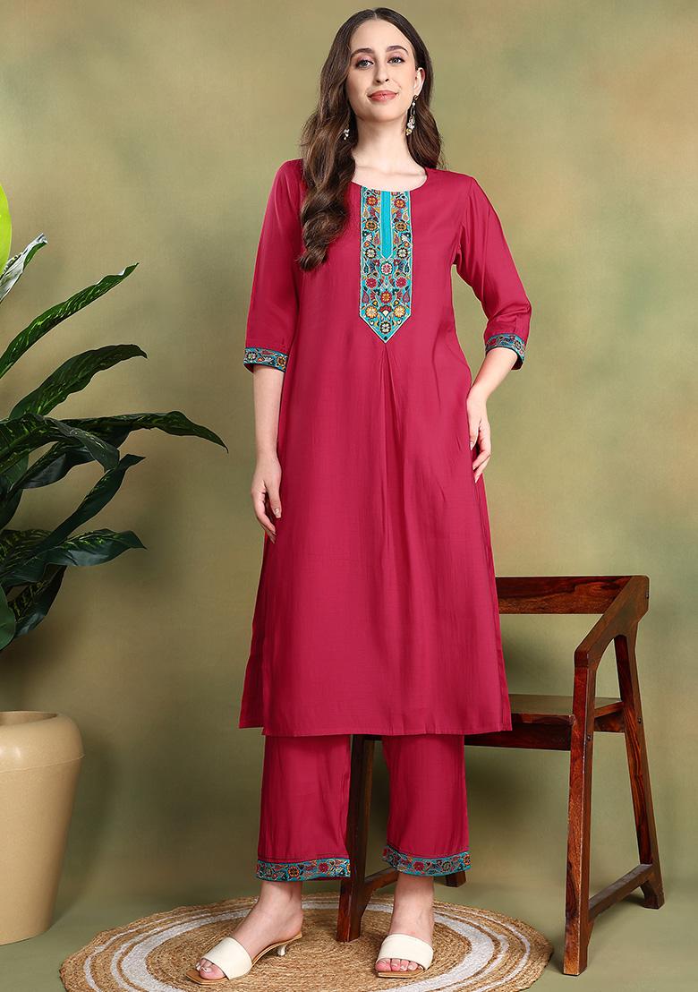 Pink Embroidered Viscose Salwar Kameez With Dupatta - Indya