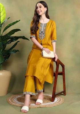 Mustard Embroidered Viscose Salwar Kameez With Dupatta