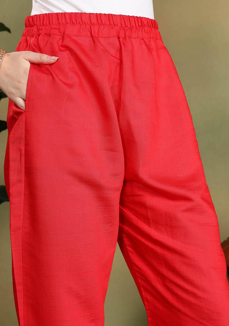 Red Embroidered Silk Salwar Kameez With Dupatta - Indya