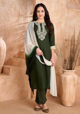 Green Embroidered Silk Salwar Kameez With Dupatta