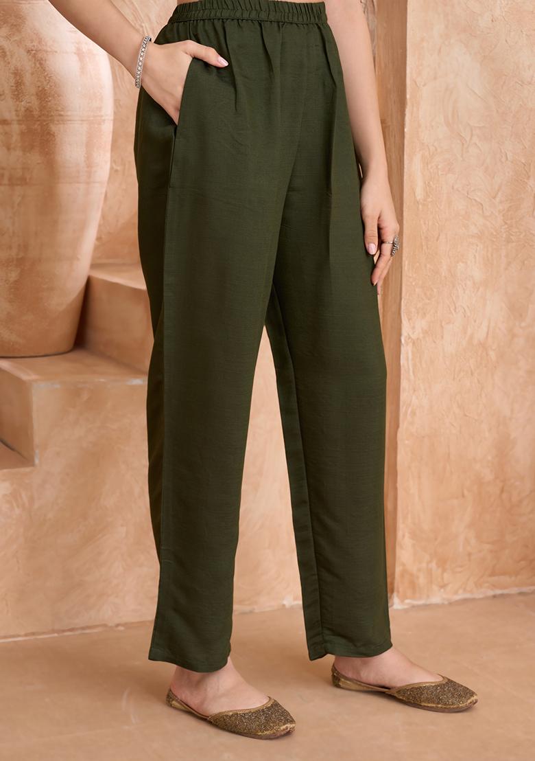 Green Embroidered Silk Salwar Kameez With Dupatta - Indya