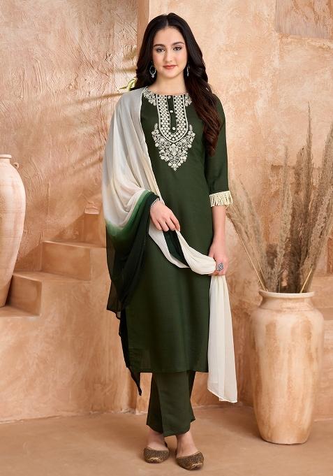 Green Embroidered Silk Salwar Kameez With Dupatta