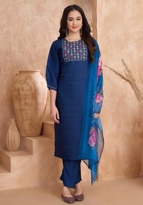 Blue Embroidered Silk Salwar Kameez With Dupatta