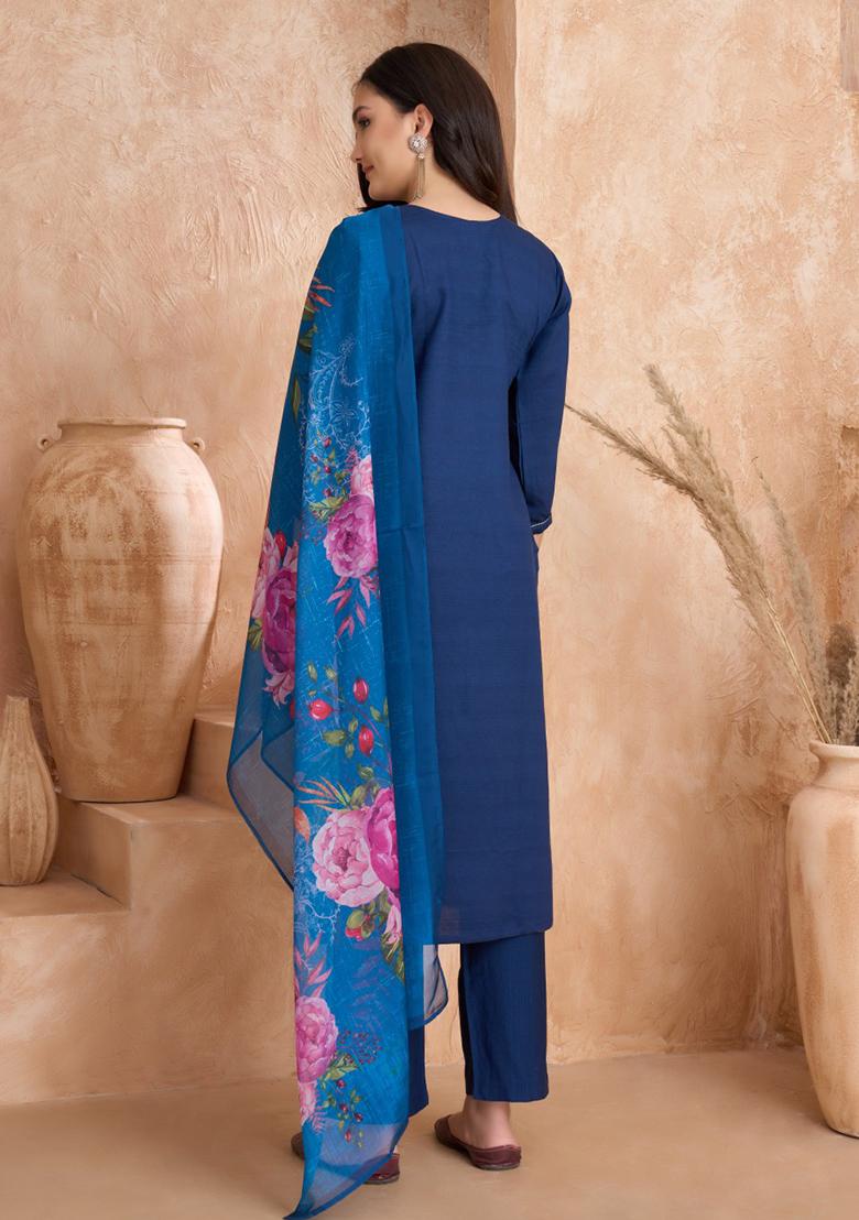 Blue Embroidered Silk Salwar Kameez With Dupatta - Indya