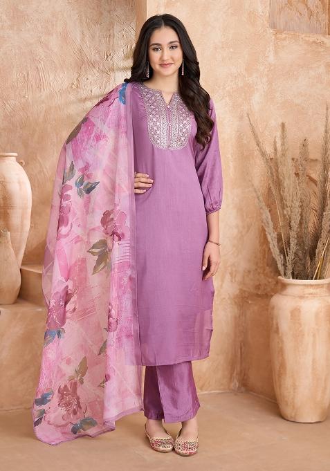 Lavender Embroidered Silk Salwar Kameez With Dupatta
