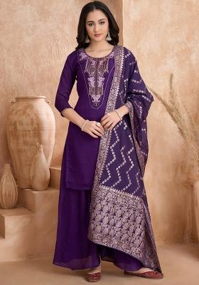 Purple Embroidered Silk Salwar Kameez With Dupatta