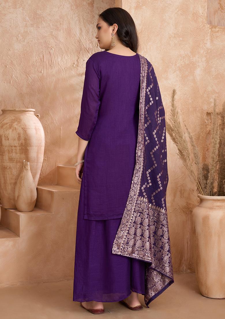 Purple Embroidered Silk Salwar Kameez With Dupatta - Indya