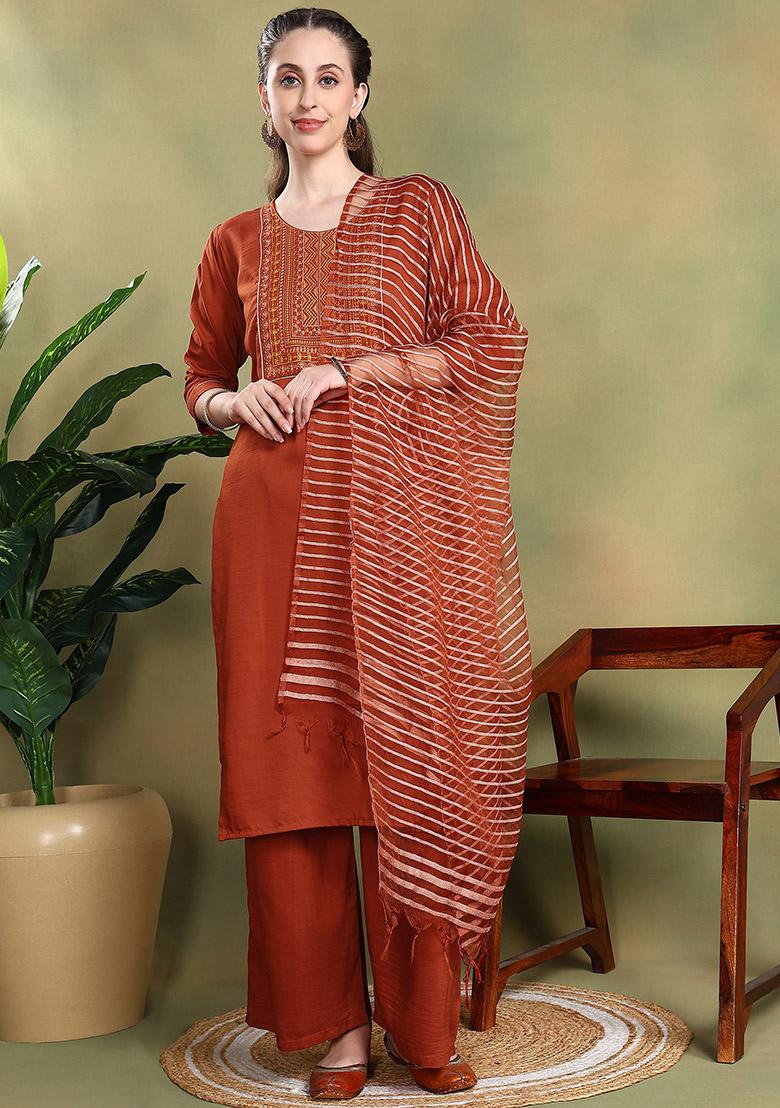 Brown Embroidered Silk Blend Salwar Kameez With Dupatta