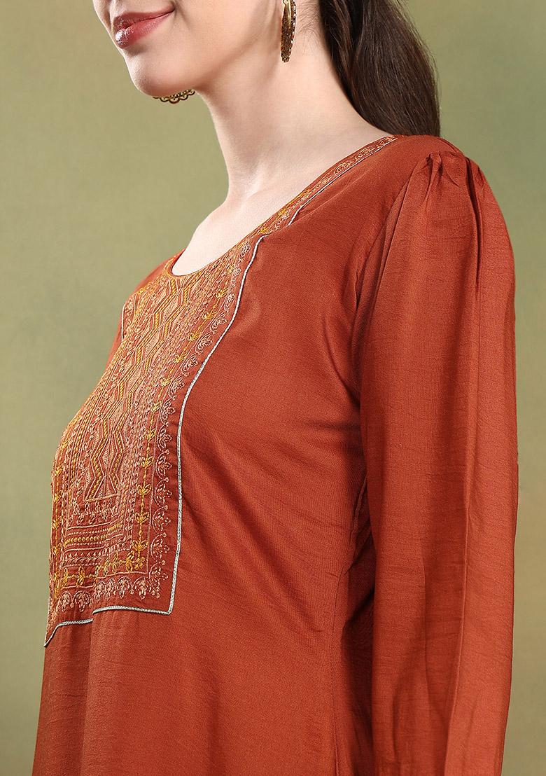 Brown Embroidered Silk Blend Salwar Kameez With Dupatta