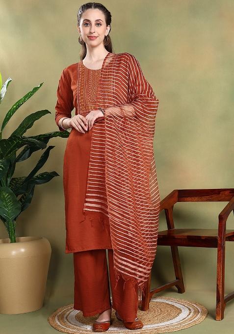 Brown Embroidered Silk Blend Salwar Kameez With Dupatta