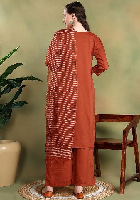 Brown Embroidered Silk Blend Salwar Kameez With Dupatta