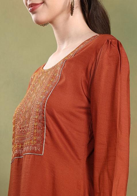 Brown Embroidered Silk Blend Salwar Kameez With Dupatta
